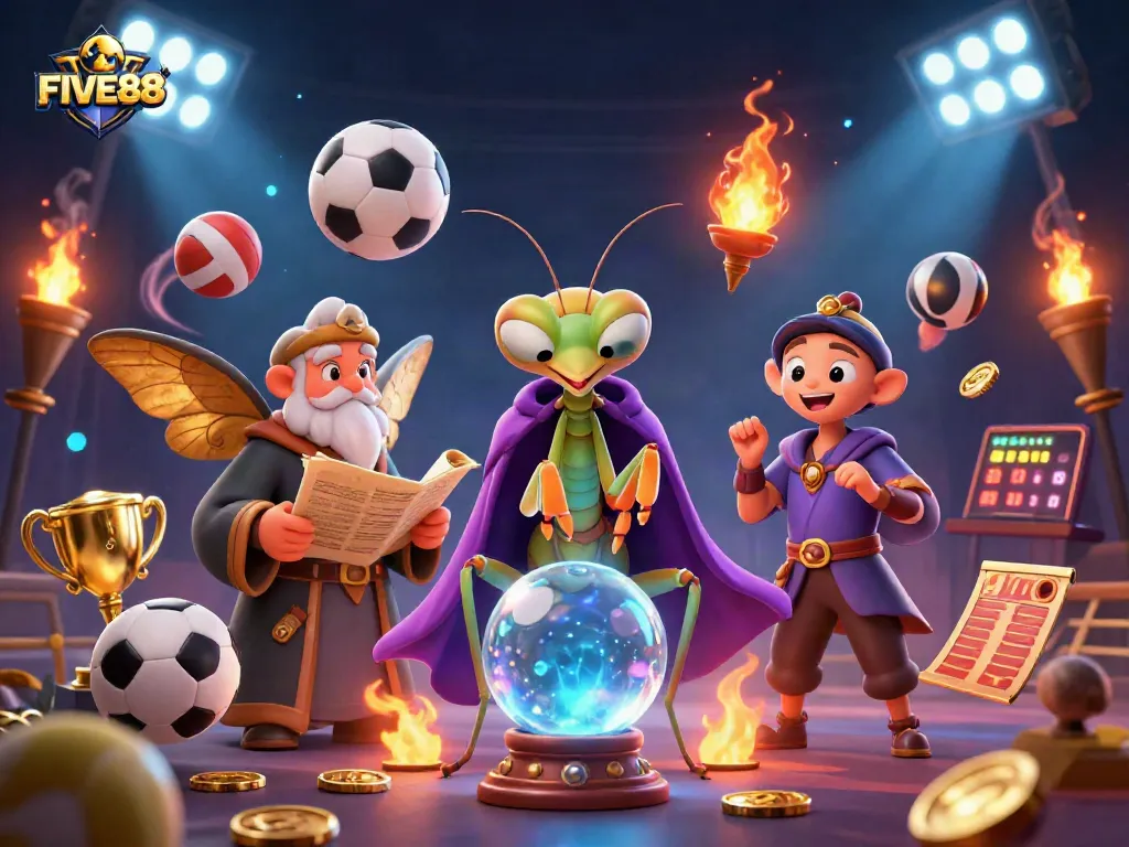 Experience the excitement of FIVE88 with an engaging scene featuring sports elements, mystical characters, and vibrant decorations.