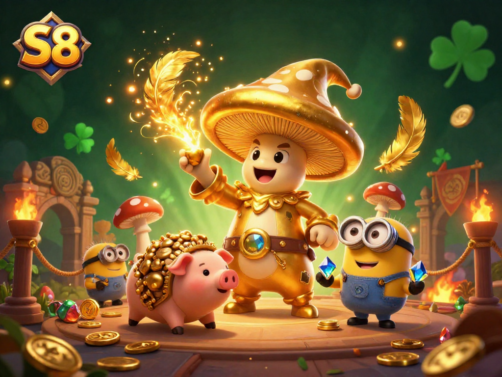 Experience the magic of S8 with a golden mushroom wizard and treasure-hunting pig in a vibrant 3D casino scene.