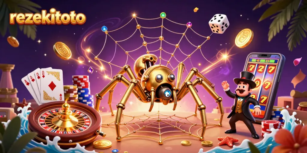 Enjoy thrilling gameplay with rezekitoto as a golden spider captures dice in its web amidst casino treasures.