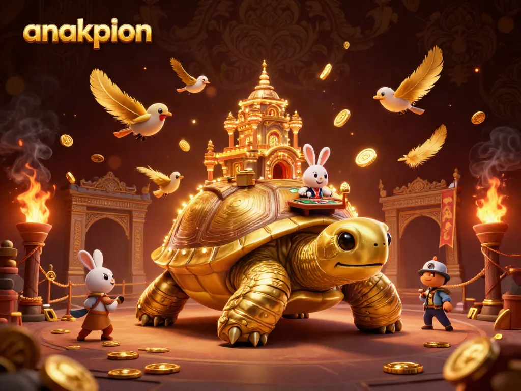 Anakpion brings vivid casino excitement with a giant tortoise and rabbit dealer amidst gold and ember.