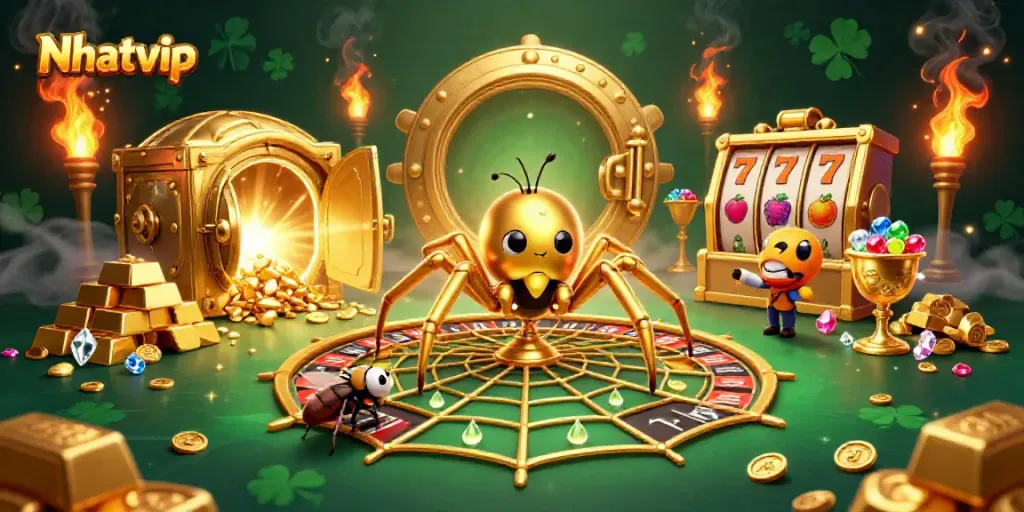 Engage with the dynamic Nhatvip casino scene featuring a golden spider, roulette web, and jackpot treasures.