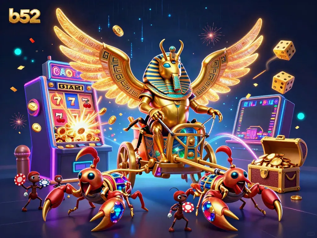 Spin the reels with the b52 golden scarab in a captivating casino jackpot scene.
