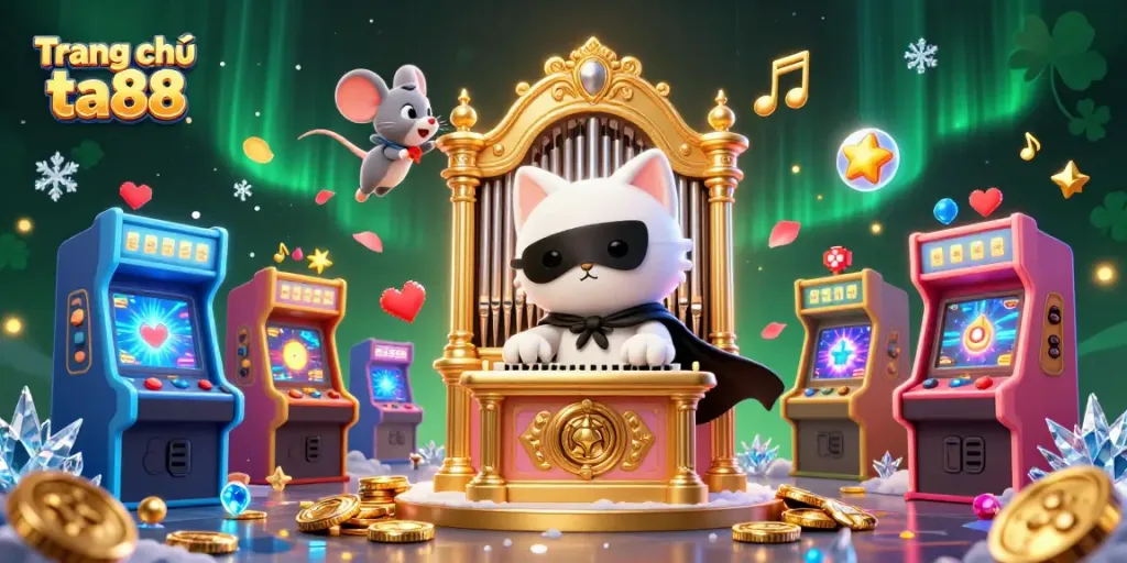 Experience the thrill of winning at Trang chủ ta88 with a vibrant 3D casino illustration featuring lively characters and iconic gaming elements.