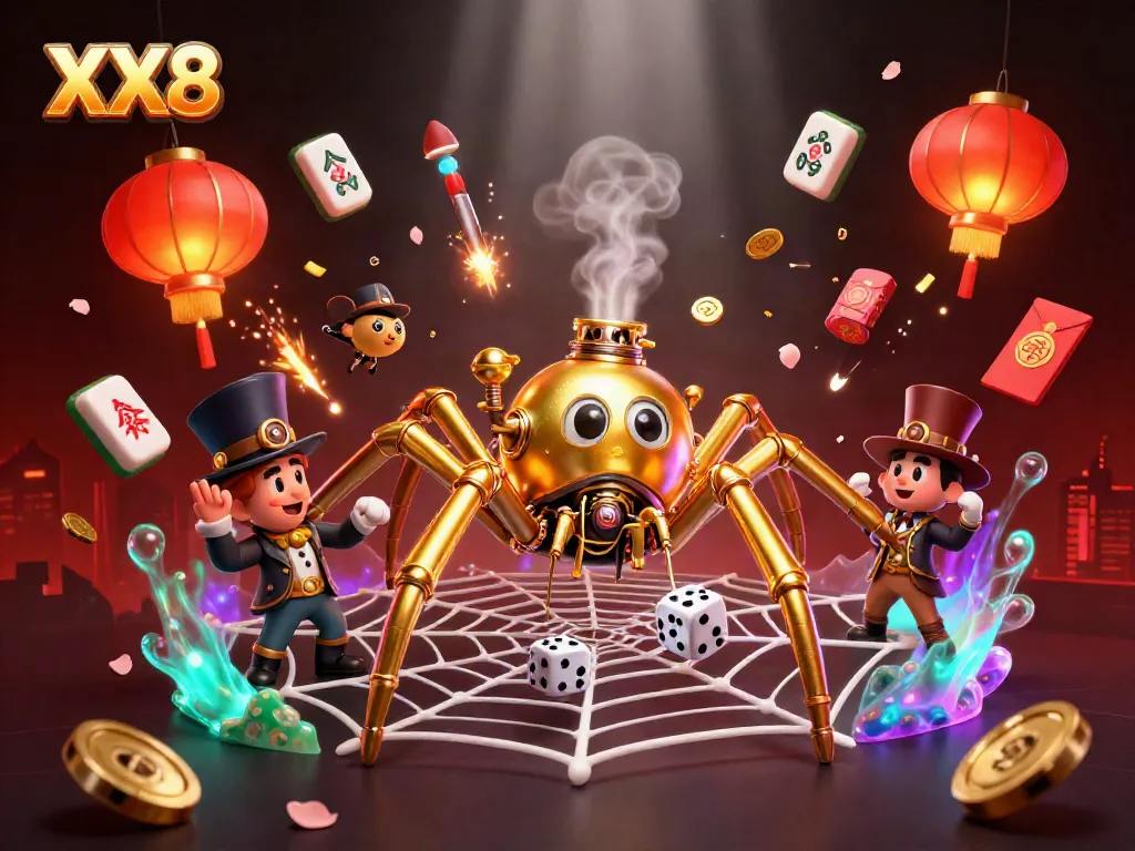 Engaging XX8 scene featuring a golden spider and poker elements entwined in a casino-themed web