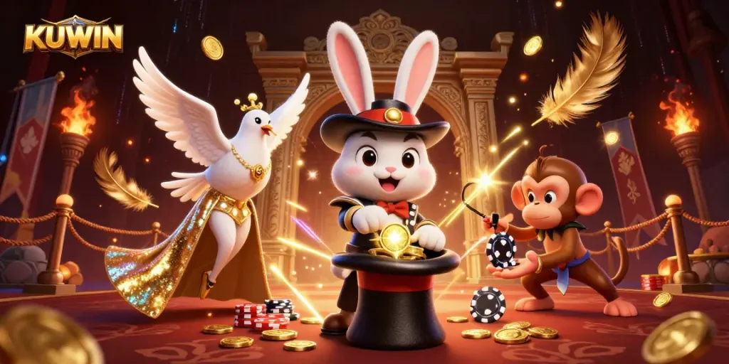 KUWIN delivers thrilling gaming with a magician rabbit, dove, and monkey in an elaborate casino scene.