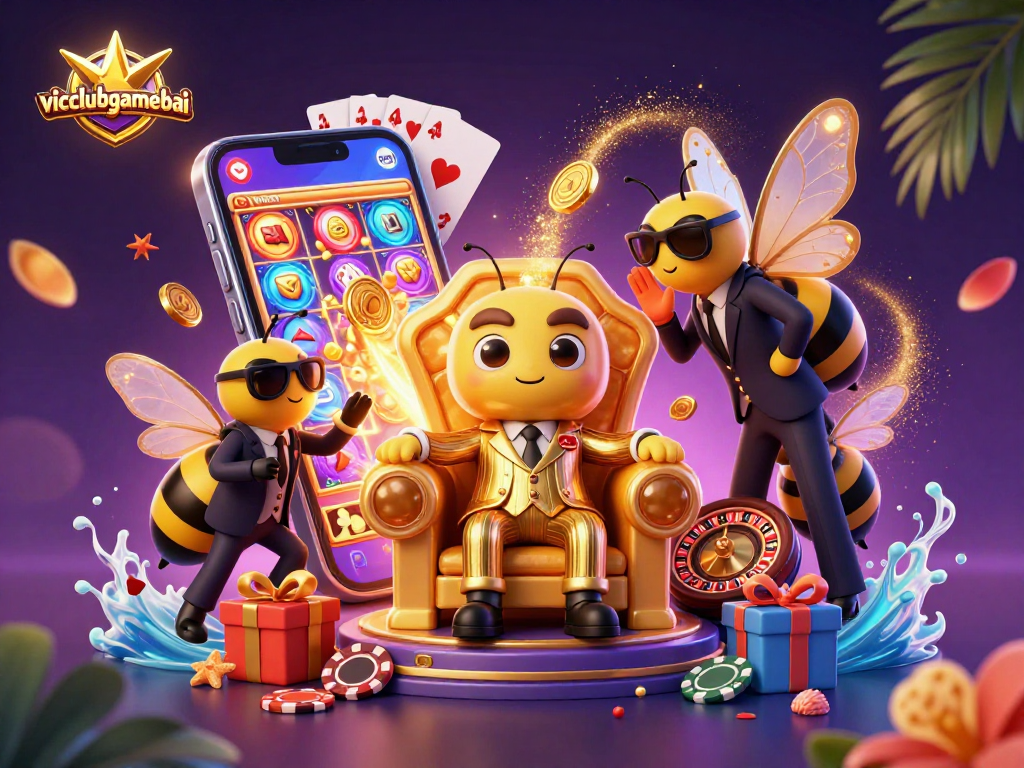 Play exciting games at vicclubgamebai with a bumblebee boss managing a vibrant casino scene.