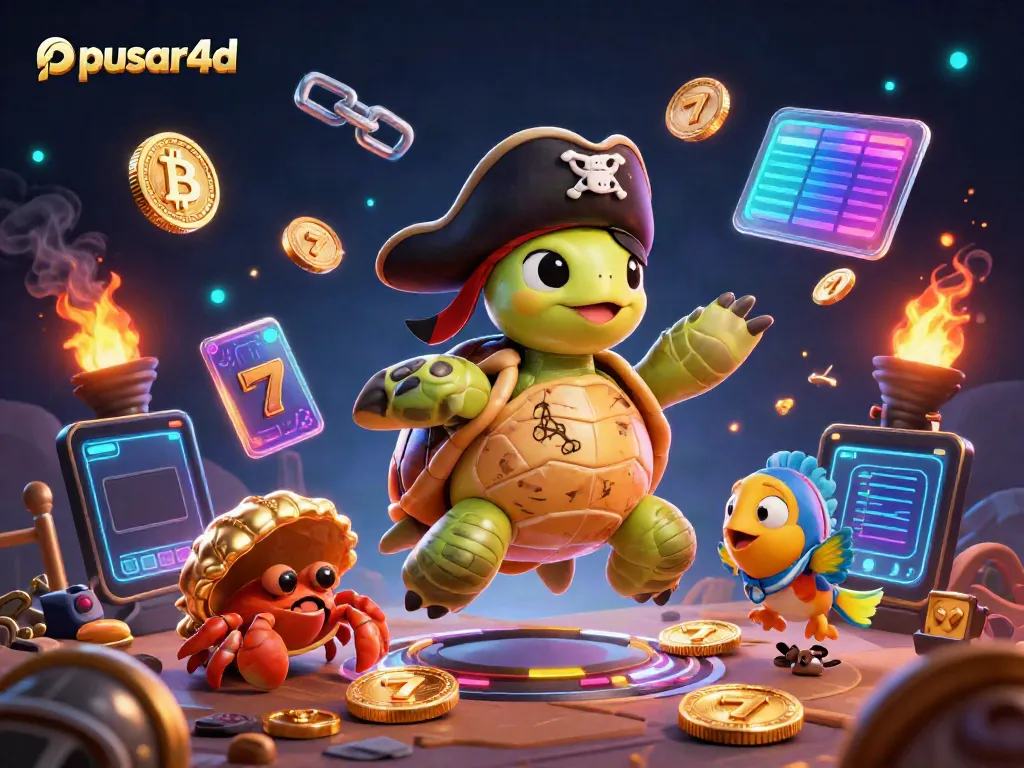 Play engaging slots with pusar4d featuring a pirate turtle, glowing crypto coins, and thrilling jackpot elements.