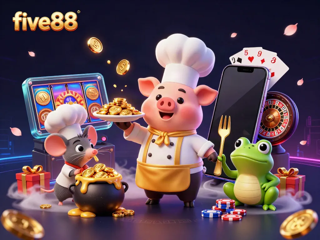Experience the excitement of five88 with a vibrant casino scene featuring gourmet gold coins, a chef pig, and game elements.