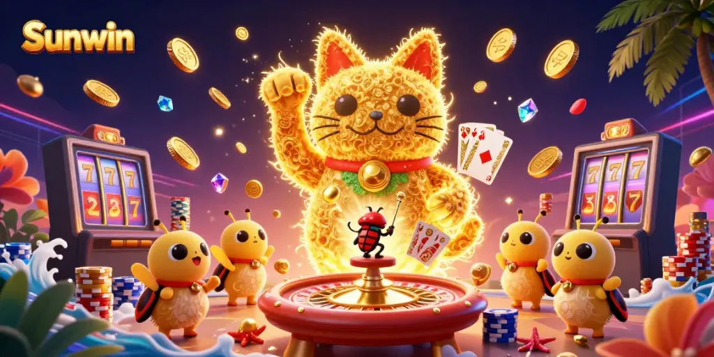 Experience thrilling wins with Sunwin's captivating lucky cat and vibrant casino elements in this dynamic illustration.