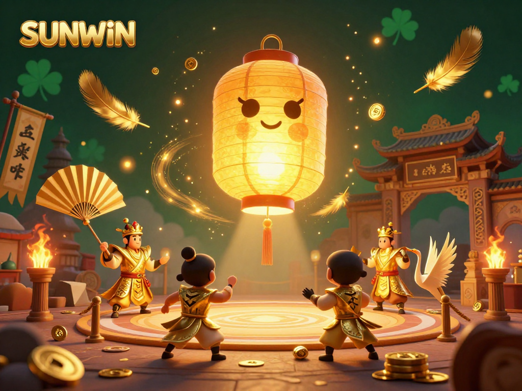 SUNWIN game experience featuring a golden lantern spirit and warriors amidst a vibrant casino night scene.