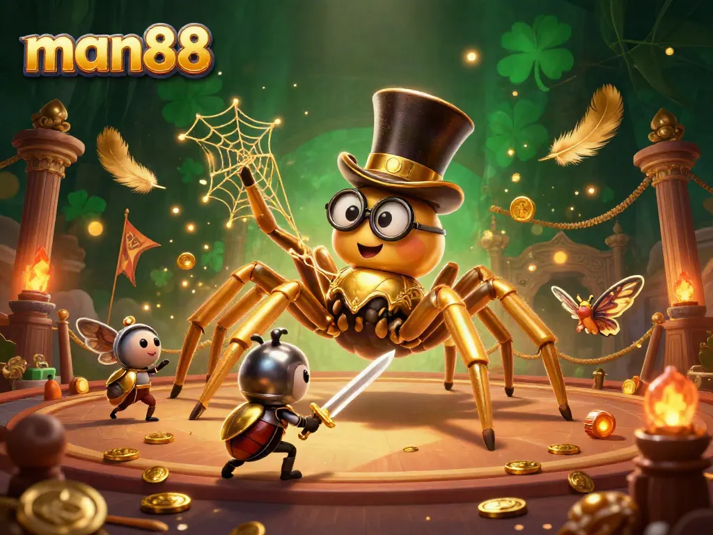 Experience the thrill of man88 casino with a lively scene including a golden tarantula and adventurous beetle knight.