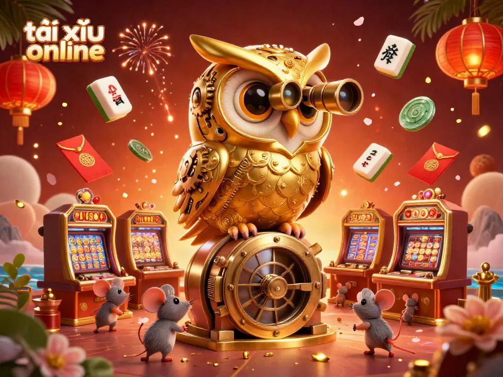 Experience the excitement of tài xỉu online with a vibrant casino scene featuring an elaborately detailed golden owl and scurrying mice in a lively atmosphere.