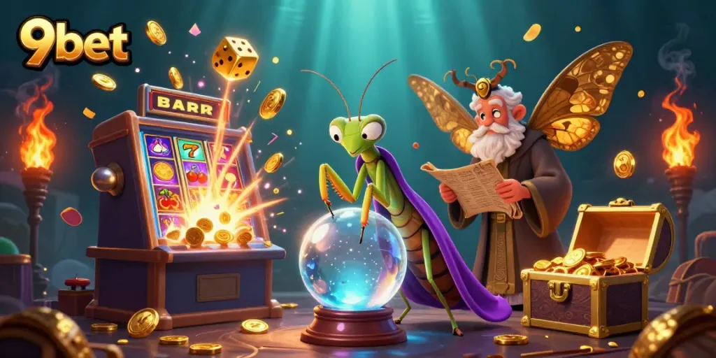 Experience the thrilling world of 9bet with vibrant casino elements and engaging characters.