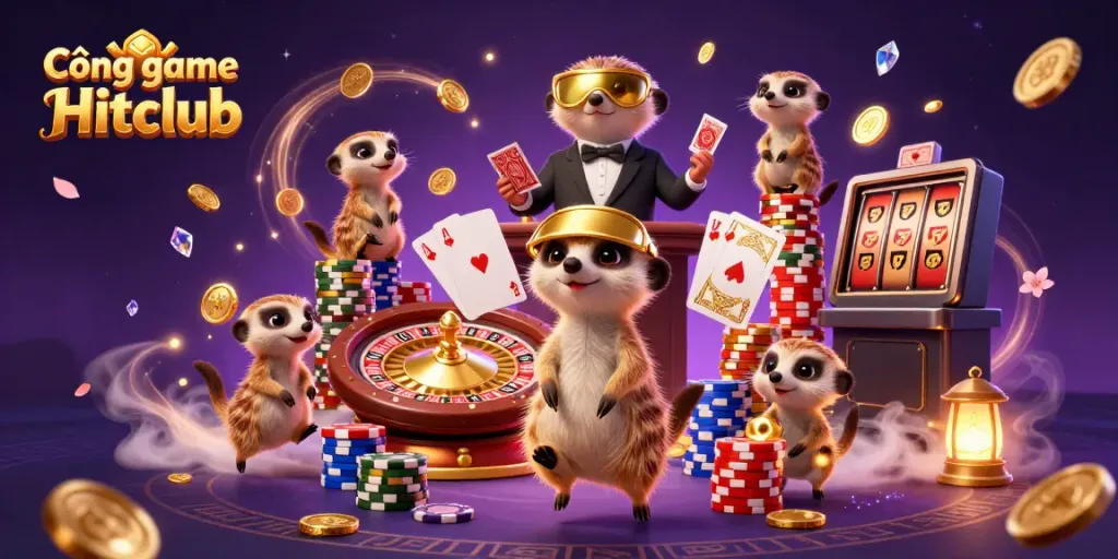 Experience excitement at Cổng game Hitclub with dynamic meerkat characters in a lively casino scene.