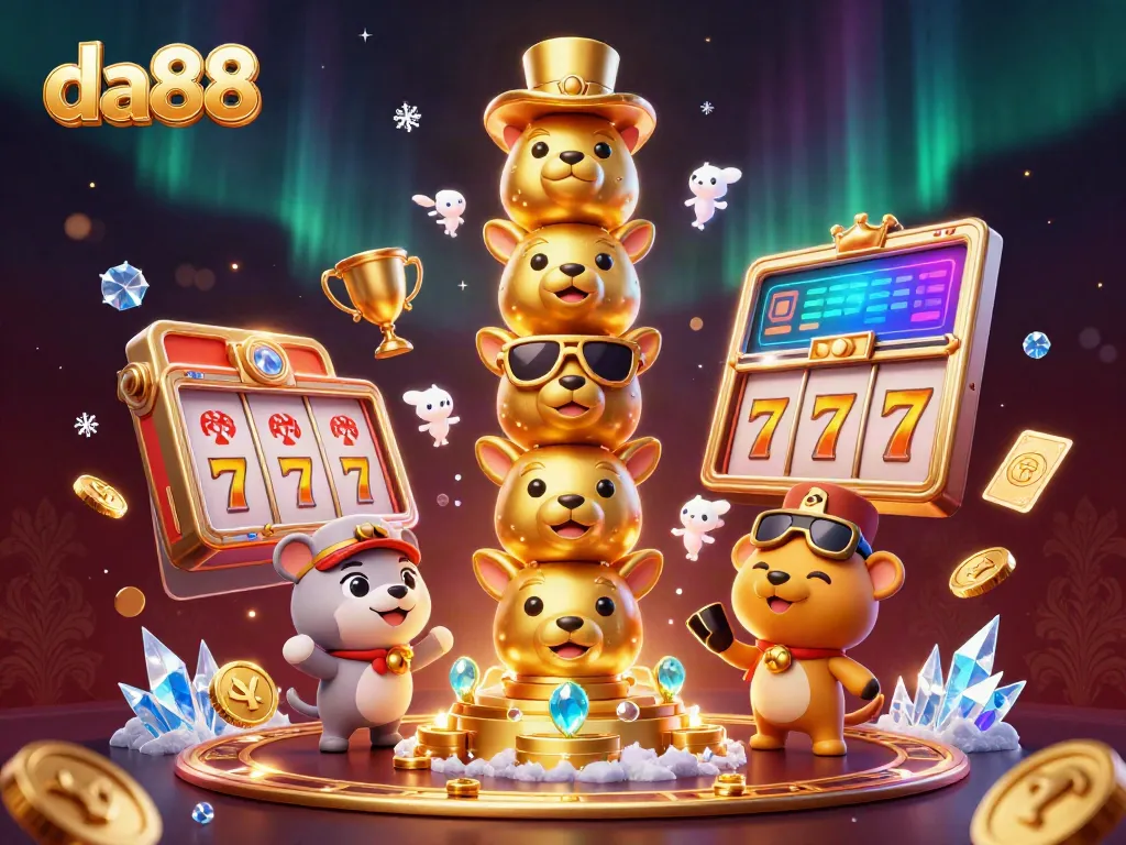 Experience the thrill of da88 with vibrant slot reels, golden trophies, and lively casino elements.
