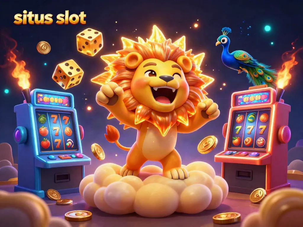 Engage with vibrant situs slot scenes featuring a lion, golden dice, and colorful slot machines.