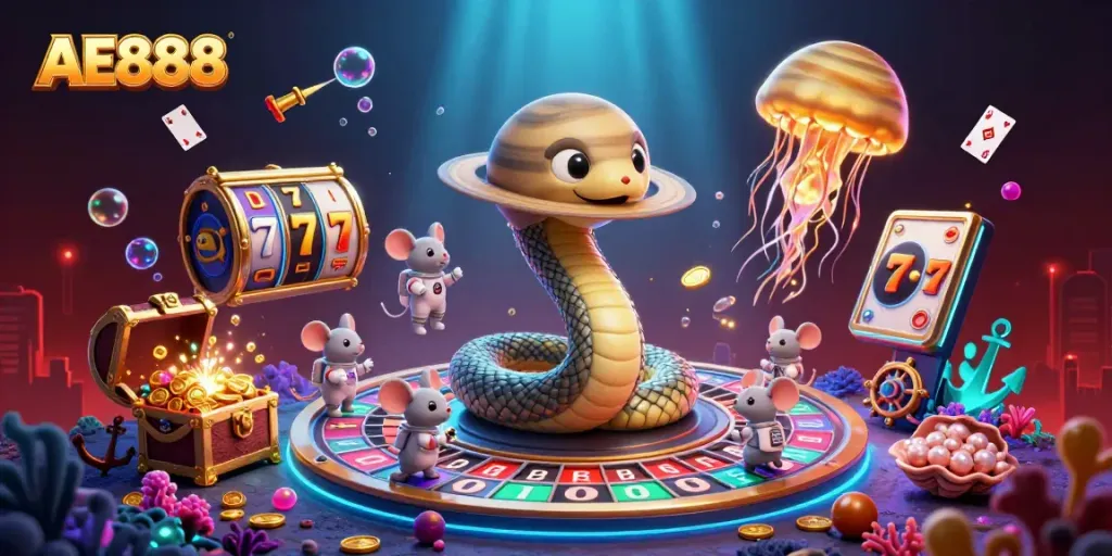 Experience the vibrant gaming scene of AE888 with playful astronaut mice betting on a roulette wheel surrounded by cosmic elements.