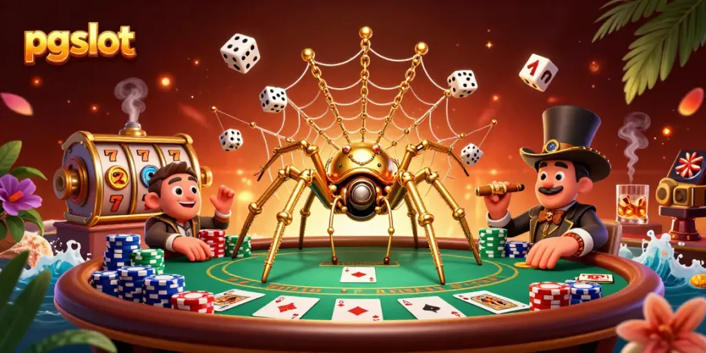Engage with top-tier pg slot gaming through an exciting 3D steampunk scene of a spider and fly at a vibrant poker table.