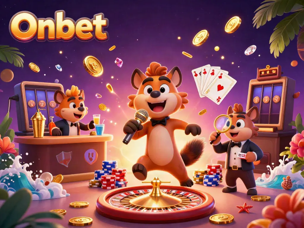 Experience excitement at Onbet casino with cartoon hyenas, golden coins, and vibrant gaming elements.