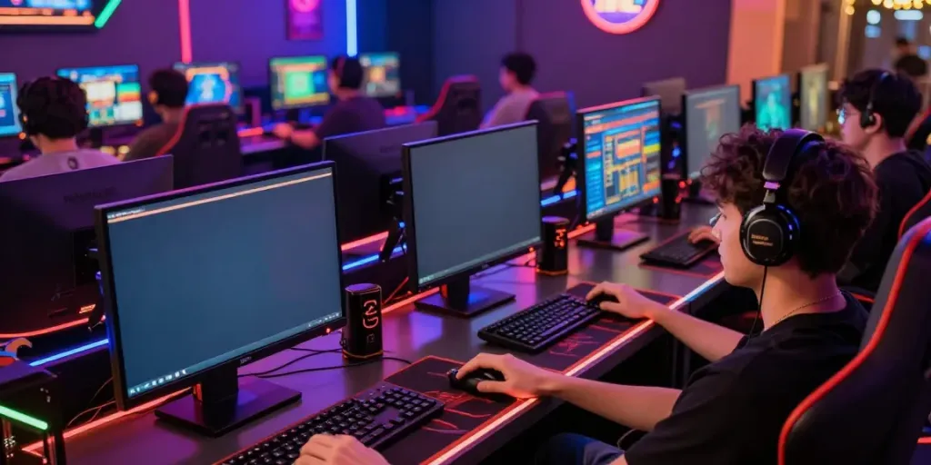 Players enjoying online games at MANTUL88, showcasing a vibrant gaming lounge atmosphere.