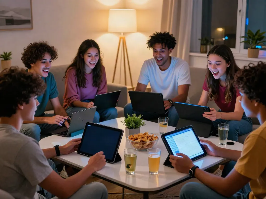 Friends enjoying slot88 gaming on multiple devices in a lively living room.