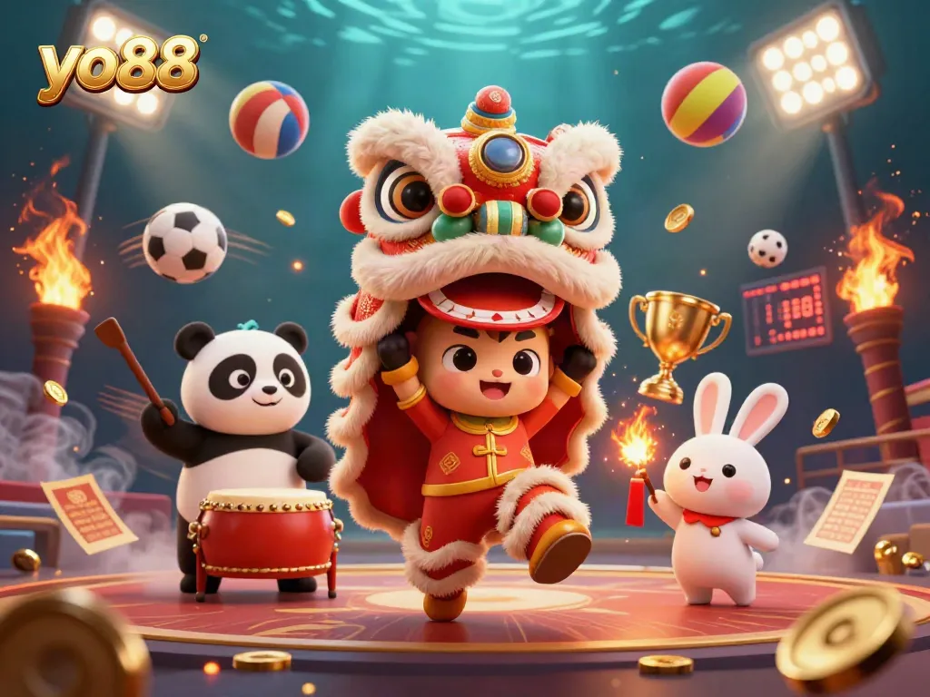 Experience excitement with yo88 as a lion dance entertains amid vibrant gambling elements.
