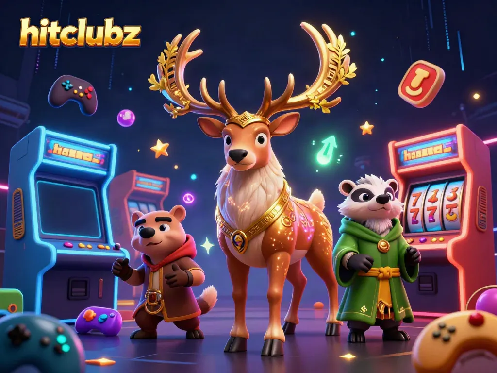 Hitclubz showcases a vibrant 3D casino scene with adventurous characters and dynamic gaming elements.