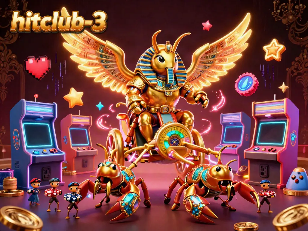Experience gaming thrill with hitclub-3 in a vibrant casino-themed illustration featuring a golden beetle and scorpions.