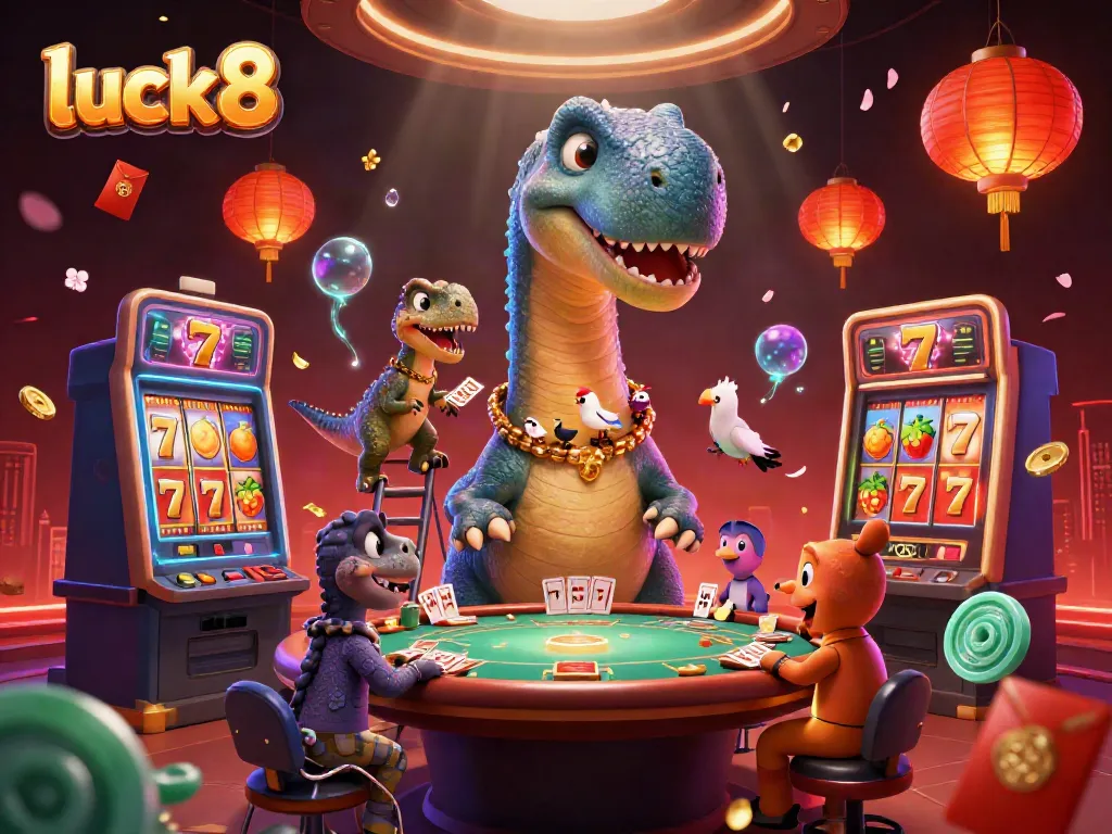 Experience the excitement of luck8's vibrant casino with playful characters and slot features.