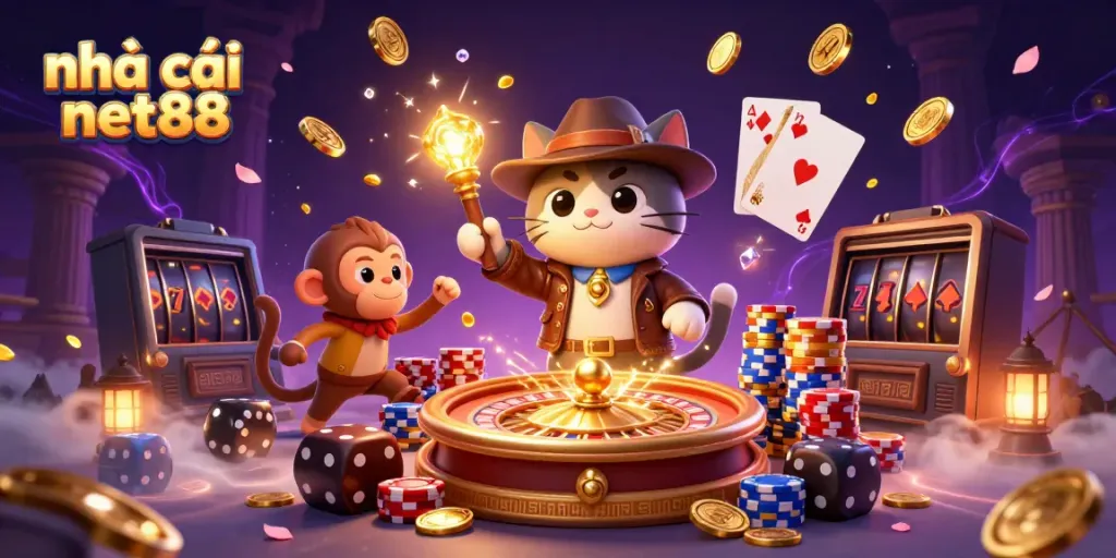 Exciting scene where nhà cái net88 comes to life, featuring a cartoon explorer cat discovering golden casino artifacts.