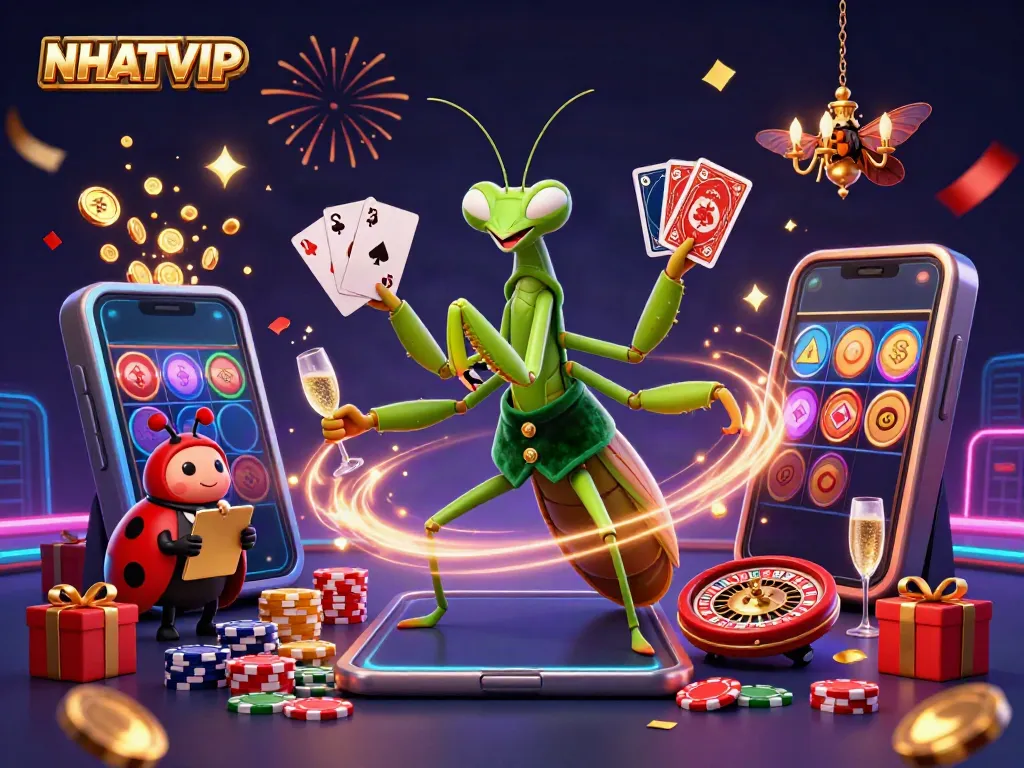 Experience the thrill of NHATVIP with dynamic gaming elements in a vibrant 3D casino illustration.