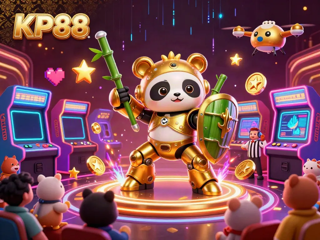 Engage in thrilling gameplay at KP88, featuring vibrant 3D casino elements and cheerful spectators.