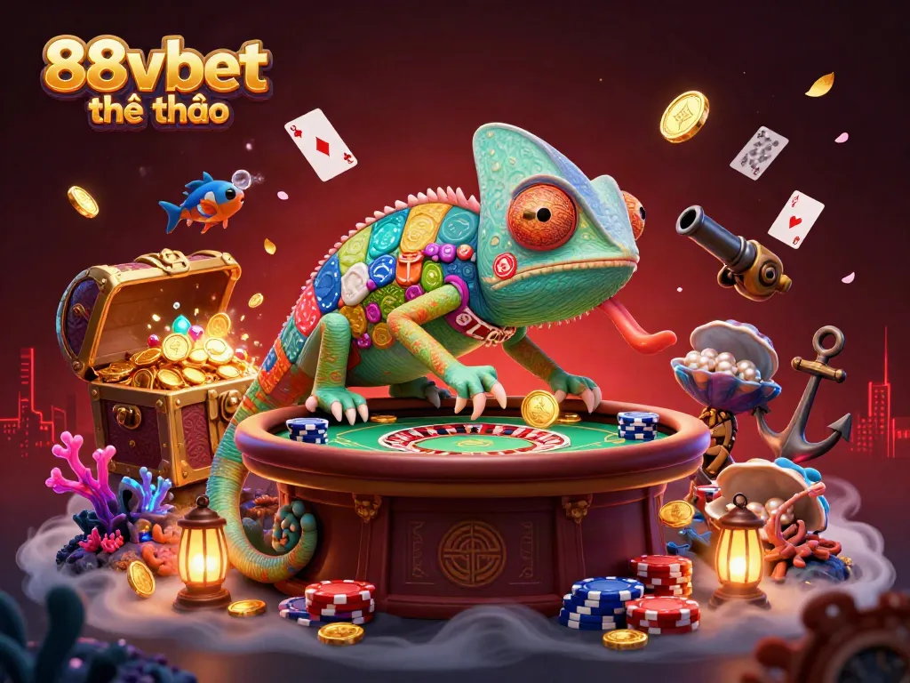 Enjoy the thrill of 88vbet thể thao in a vibrant, captivating casino scene filled with golden coins and animated chameleon.