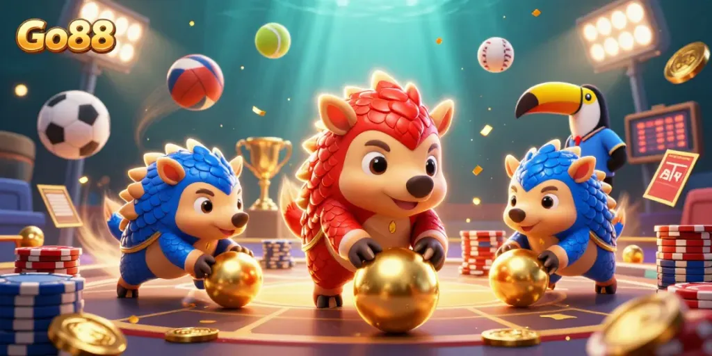 Go88 pangolins compete in a gambling game, showcasing vibrant 3D casino elements and sports action.