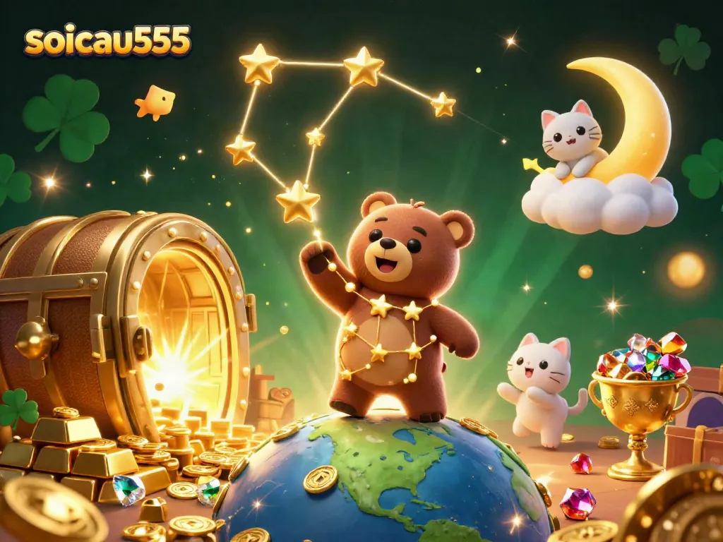 Engage with soicau555's vibrant 3D casino world as a constellation bear scoops coins under starlight.