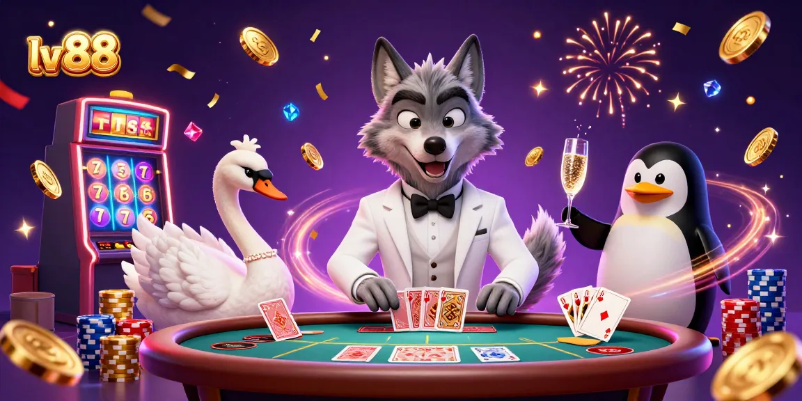 Experience dynamic play at lv 88 with a wolf, swan, and penguin in a lively casino scene.