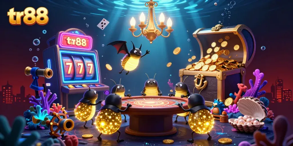 Experience the thrilling atmosphere of tr88 with vibrant glowworms and casino elements lighting up the game.