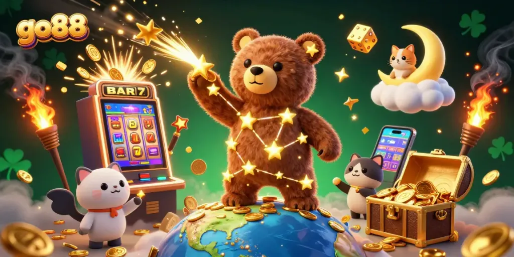 Discover winning strategies at go88 with a vibrant 3D casino illustration featuring lucky symbols and jackpot excitement.