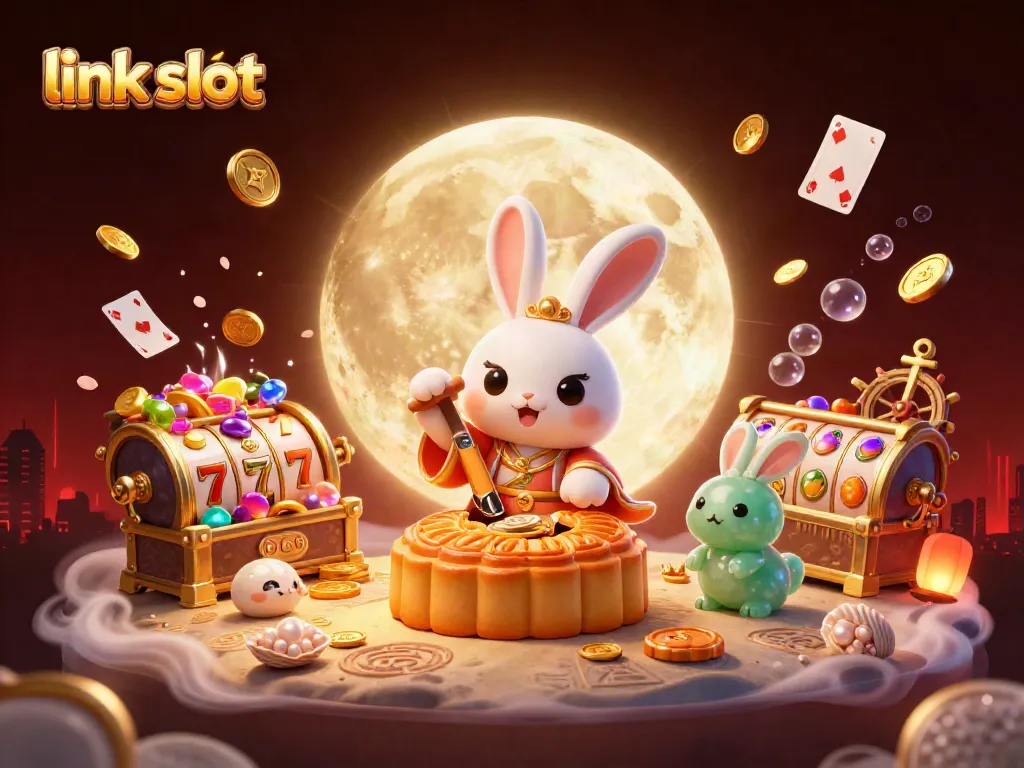 Experience the thrill of link slot games with captivating visuals of a moon rabbit revealing poker chips in a vibrant casino scene.