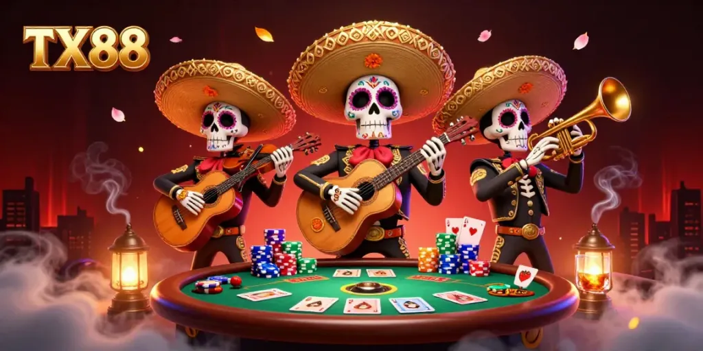 Join the vibrant TX88 Day of the Dead mariachi band as they celebrate winning at poker!