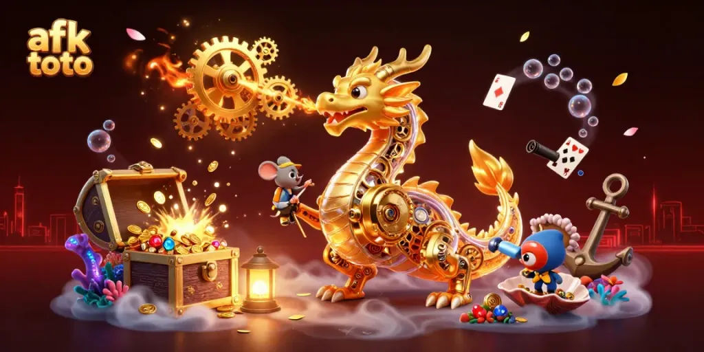 Experience the thrill of afk toto with a golden dragon and dynamic gaming elements in this vibrant casino scene.