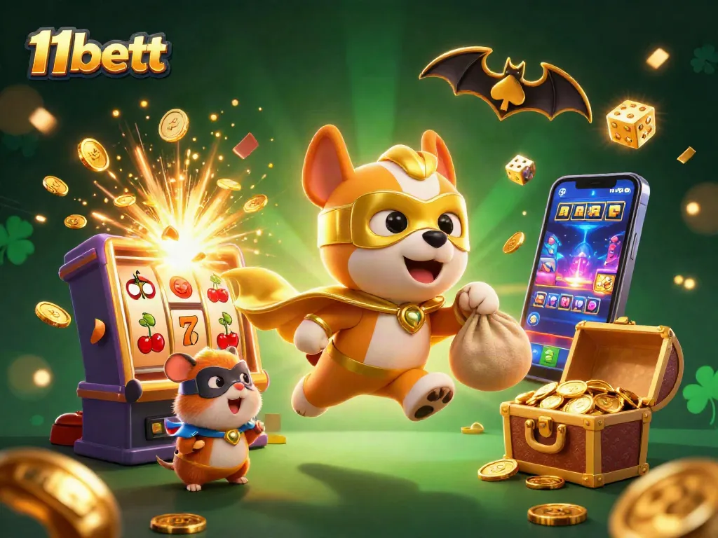 Experience excitement with 11bett's thrilling 3D casino illustration featuring a superhero dog and gold coins.