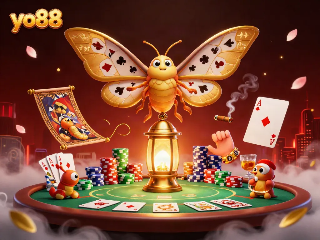 Experience thrilling action with yo88's dynamic casino scene featuring poker elements and golden moths.