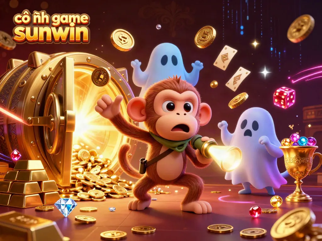 This vibrant visual showcases cổng game sunwin with a playful ghost-hunter puppy tracking a mischievous monkey, amidst a treasure-filled casino.
