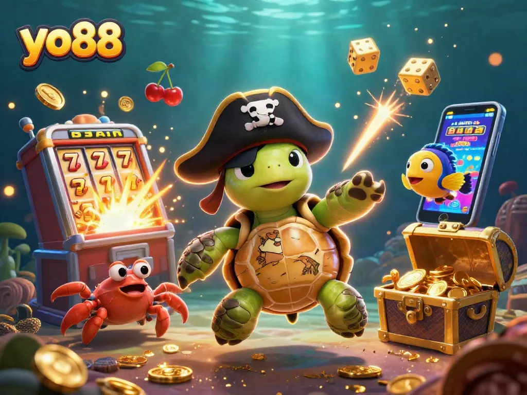 Join the adventure at yo88 with a pirate turtle and treasures, surrounded by explosive casino fun.