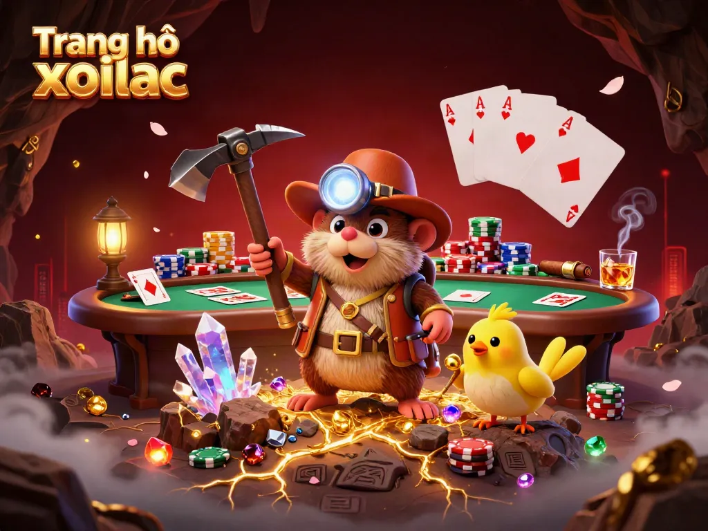 Exciting gameplay on Trang chủ xoilac with a treasure hunter mole and vibrant poker elements around.