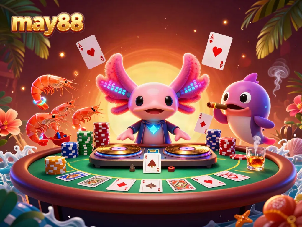 Experience high-energy gaming with may88 featuring colorful characters celebrating at a casino table.