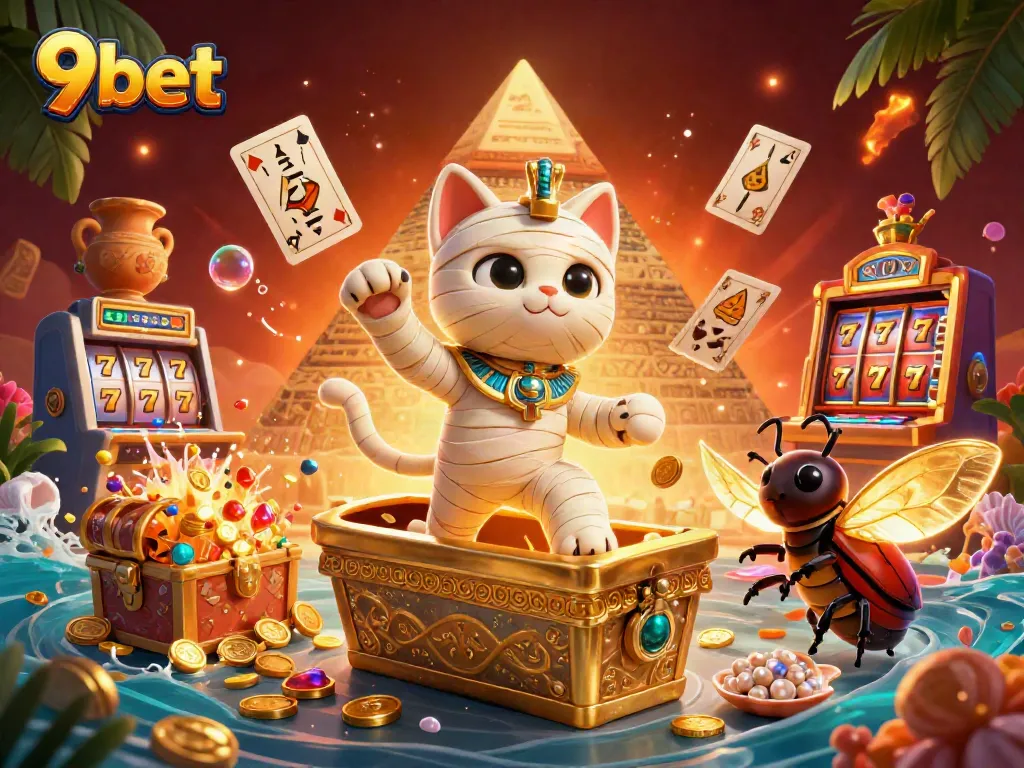 Experience the excitement of 9bet with a vibrant pyramid casino scene featuring a mummy cat and glowing scarab.