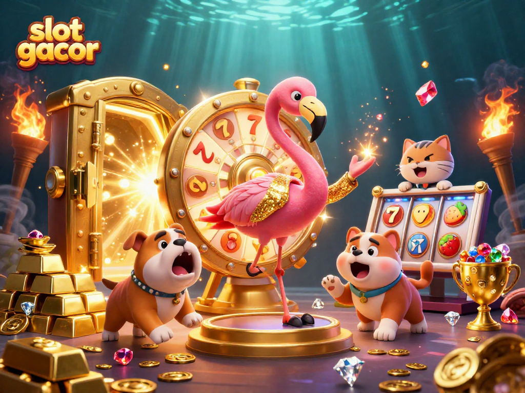 Engage with an exciting slot gacor game scene featuring vibrant characters and casino elements.