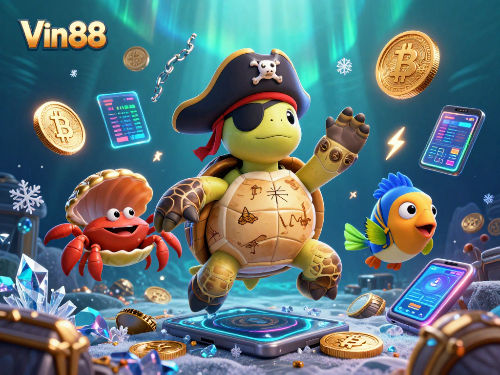 Engage with the Vin88 casino experience, surrounded by vibrant 3D coins and colorful underwater characters.